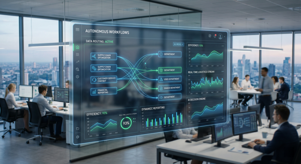 Modern office setting with people working at desks and a large digital screen displaying autonomous business workflows and charts.